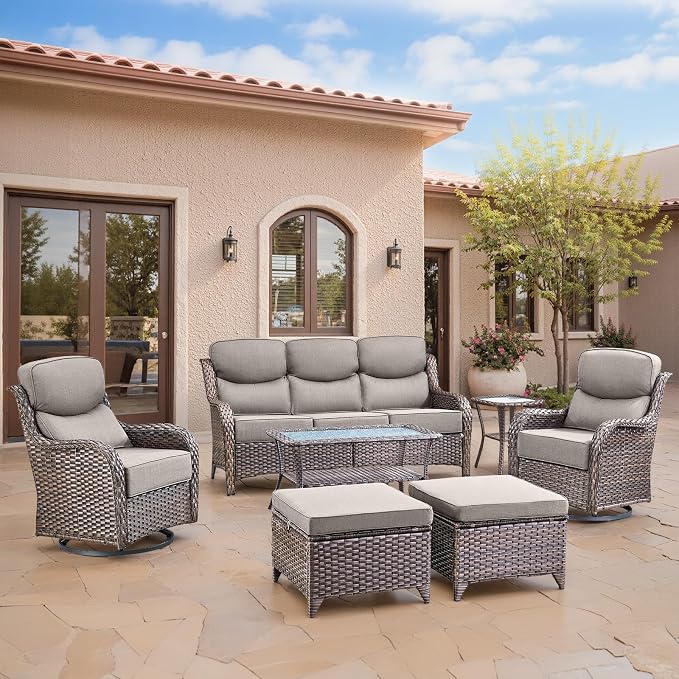 Swivel Patio Chairs Set of 3 with 6" Thick Cushion - Wicker Outdoor Swivel Rocker Patio Chairs with Side Table, High Back Comfortable Outdoor Glider Chair - Brown Wicker | Grey Cushions