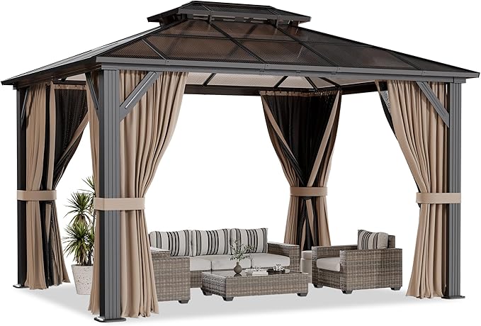 AirWire 10'x12' Hardtop Gazebo, Outdoor Polycarbonate Roof Canopy, Aluminum Frame Permanent Pavilion with Curtains and Netting, Sunshade for Garden, Patio, Lawns
