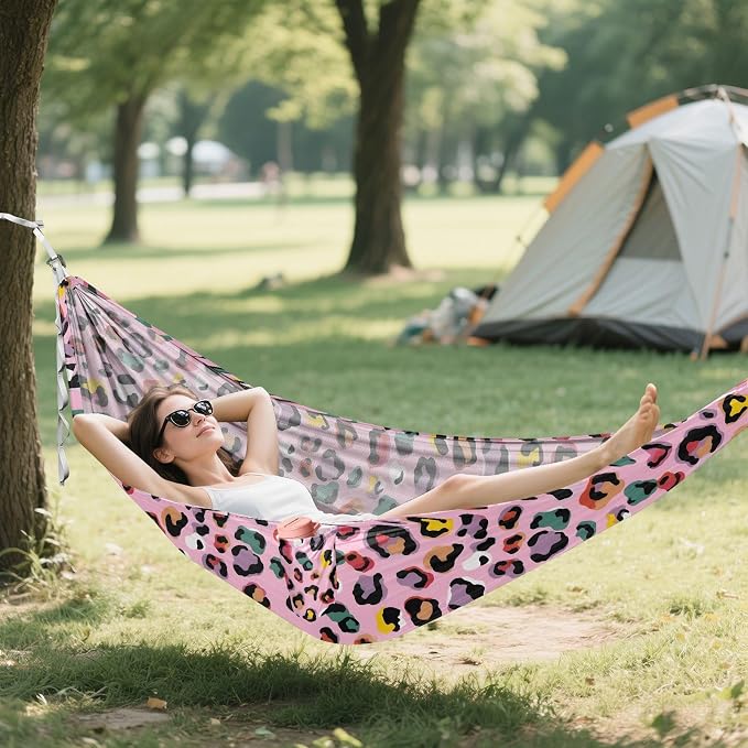 Camping Hammock Outdoor Hammocks for Outside Pink Colorful Leopard Cheetah Beach Trees Portable Lightweight with Pockets Tree Straps Indoor