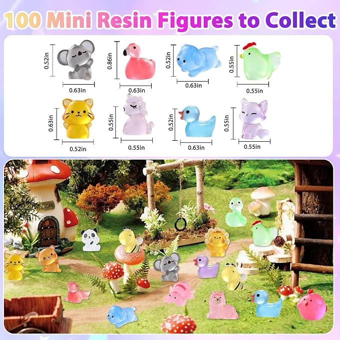 100 Pcs Blind Bags Mystery Resin Animals: Mini Glow in The Dark Resin Animals Mystery Bags for Fairy Garden Dollhouse Décor Collectible Craft Mini Figures