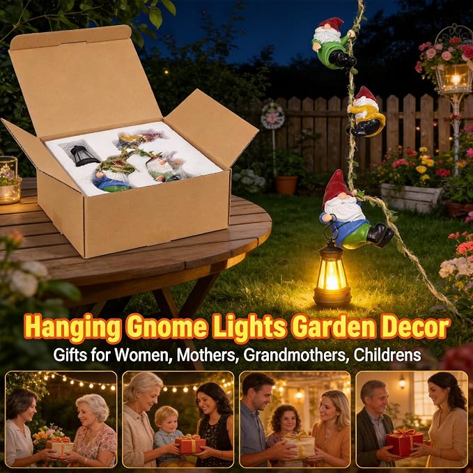 Garden Gnomes Hanging Solar Lights, 3-Pack Climbing Rope Gnome Statues with LED Lantern, Resin Outdoor Decor for Yard Patio Door Tree Fence Wall, Housewarming Gifts for Women Mom Grandma