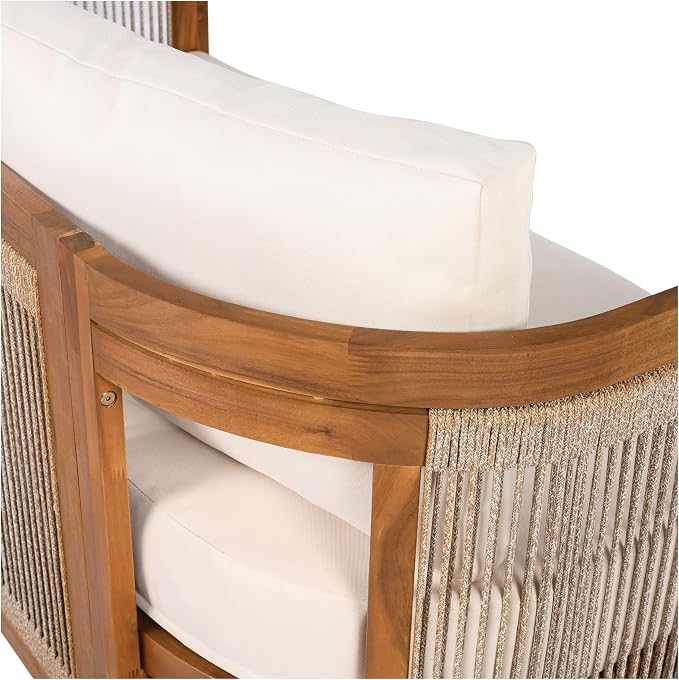 Christopher Knight Home Nesbit 4 Pieces Conversation Set, Acacia Wood Chat Set, Woven Rope Loveseat and Accent Chairs, Slat Panel Coffee Table, Patio Furniture Set for Backyard Balcony Garden, Beige
