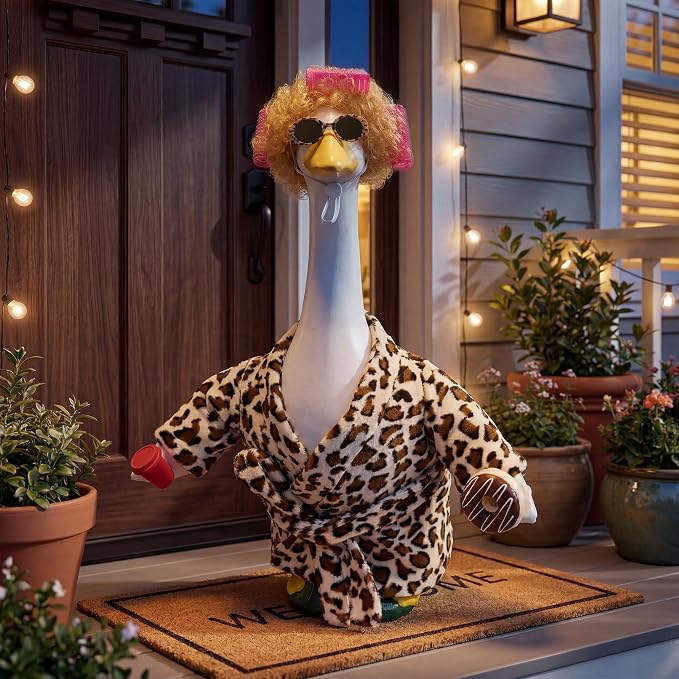 Porch Goose Robe Outfit Set for 23 Inch Goose Statue, Leopard Flannel Bathrobe with Wig Curlers Coffee Cup Donut Glasses, Funny Cozy Goose Clothes Decor (Leopard)