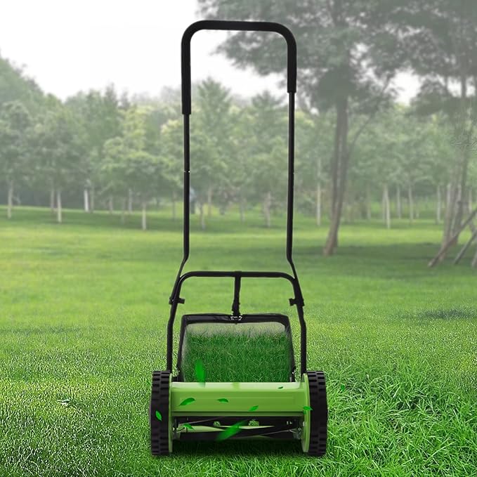 Manual Lawn Mower, 18 Inch 5 Blade Push Reel Lawn Mower with Grass Catcher Green Walk Behind Grass Catcher for Sidewalks, Park Greenings, Factory Greenings, Meadow Forests, Residential Villages