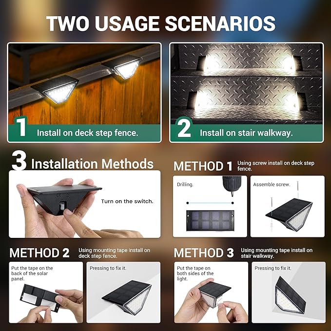 PATIOWIN 8 Pack Solar Step Lights for Outside, 24 LEDs Solar Stair Lights Waterproof IP65, Solar Deck Lights Outdoor Decor for Garden, Porch, Pathway, Patio, Fence(Cold White)