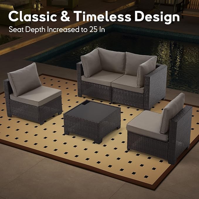 Bonzy Home 5 Pieces Outdoor Patio Furniture Set, PE Rattan Outdoor Sectional Furniture Sofa Set with Removable Cover and Glass Coffee Table, Patio Sofa for Balcony, Porch, Garden, (Brown-Grey)