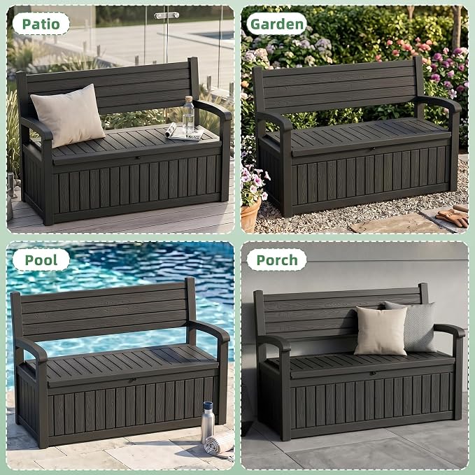 80 Gallon Outdoor Storage Bench Deck Box Waterproof Resin Lockable UV Resistant Benches Furniture Outside Porch Patio Pool Garden Tool Cushion Black