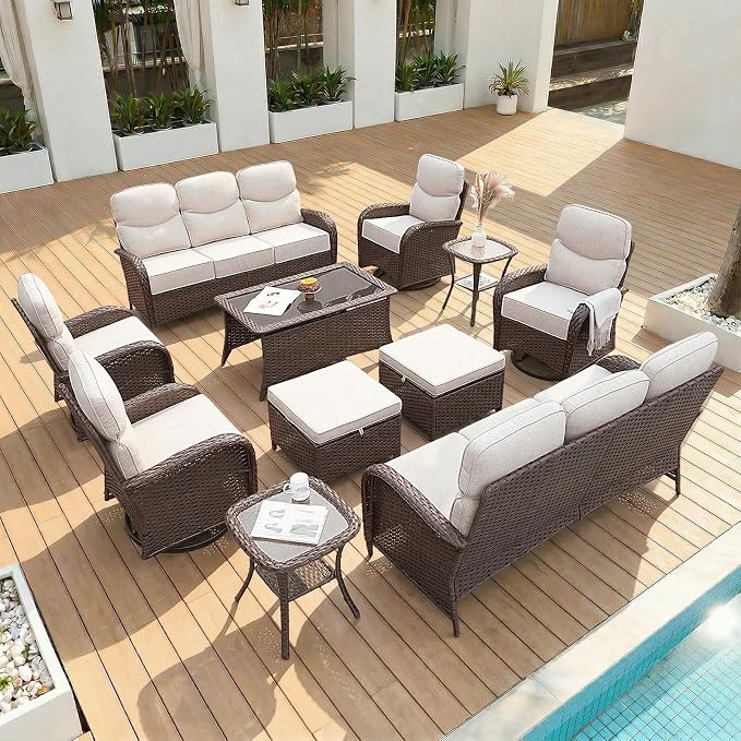 Patio Furniture Set with Luxury 6" Cushions, 6 Pieces Swivel Rocking High Back Patio Chairs, Outdoor Wicker Conversation Set for Deck, Porch, Backyard, Poolside, Beige