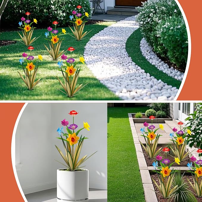 Homight Metal Agave Plant Outdoor Decoration Outdoor Garden Decoration Daffodils Flowers Mexican Yard Art Daffodils Flowers Decorative Garden Gift (2 Big Colorful)