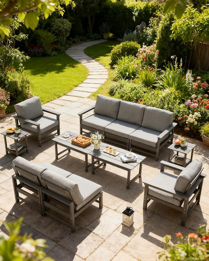 HDPE Outdoor Patio Furniture Set with Cushions, 10 Piece Patio Conversation Set Sofa Set,All Weather Outdoor Couch Set with Coffee Table for Lawn, Garden, Deck