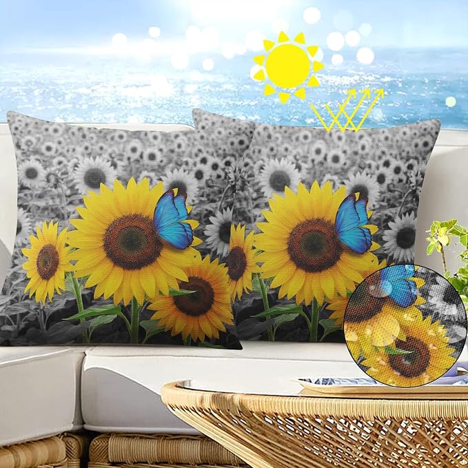 Throw Pillow Covers, Sunflower Butterfly, Set of 2, 18 x 18 Inch | Farmhouse Yellow Blue Outdoor Waterproof Square Cushion Case Garden Decorative for Couch Beach Patio