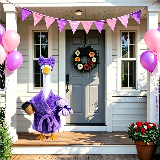 Celltestria Lady Goose Outfits for 23" Geese Purple Bathrobe Porch Goose Costume Coffee Cup Bear Cucumber Eye Mask Goose Clothes for Outdoor Patio Yard Lawn Garden Decoration