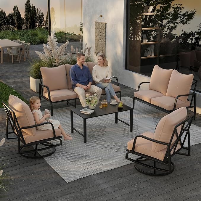 Soohow Outdoor Patio Furniture Set, 5 Piece Patio Furniture Set, 2 x Swivel Chair, 1 x 3-Seats Sofa, 1 x 2-Seats Sofa, and 1 x Coffee Table, Metal Conversation Set for Porch, Balcony, and Backyard