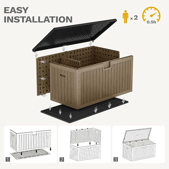 DWVO 260 Gallon Resin Outdoor Storage Box, XXL Double-Wall Waterproof Deck Box with Divider, Doubles as Table or Seating with 1000 lbs Capacity, Lockable (Black&Brown)