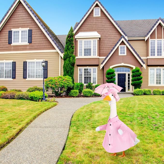FuWeave Summer Baby Goose Outfit Raincoat and Umbrella for 17'' Lawn Porch Baby Goose Costume Plastic Raincoat Clothes for Summer Spring Outdoor Patio Yard Lawn Decoration(Pink)