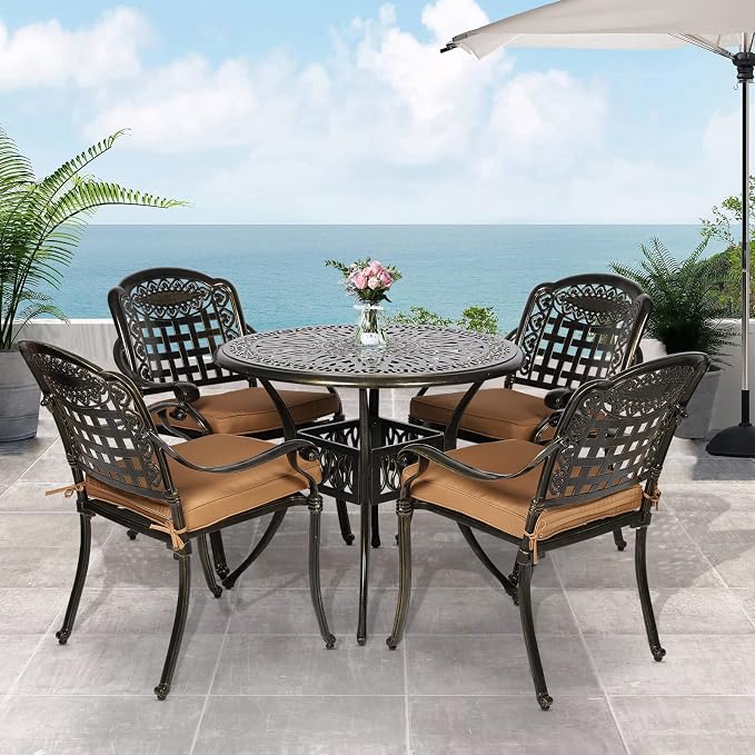 VIVIJASON 5-Piece Patio Furniture Dining Set, All-Weather Cast Aluminum Outdoor Conversation Set, Include 4 Cushioned Chairs and a 35.4" Round Table w/Umbrella Hole for Balcony, Lawn, Garden, Backyard