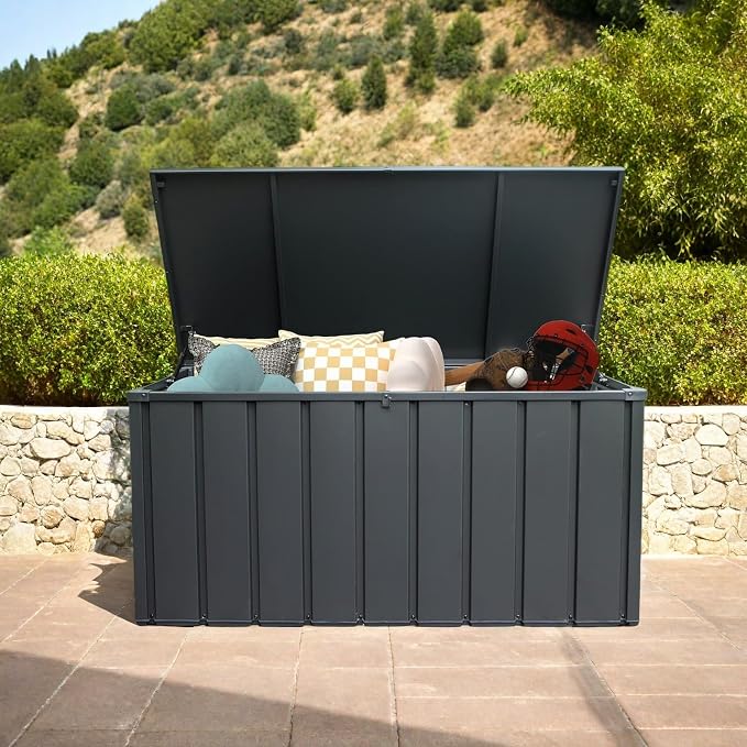 ChicFurnit Outdoor Storage Box, 120 Gallon Deck Box with Lockable Metal Lid & Portable Side Handles, Outdoor Storage Bin with Stable Support Rod, Soft Close Mechanism & Mobility Rollers, Dark Gray