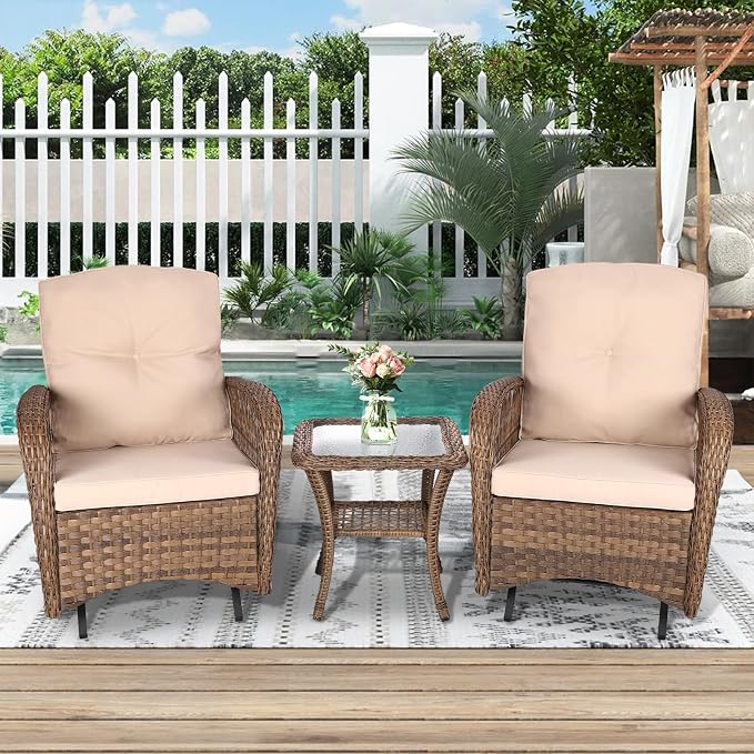 VIVIJASON 3-Piece Patio Wicker Conversation Bistro Set, Outdoor Rattan Glider Rocking Chairs, Wicker Rattan Furniture Set w/ 2 Rocking Chairs and Glass Top Side Table for Porch Backyard, Light Brown