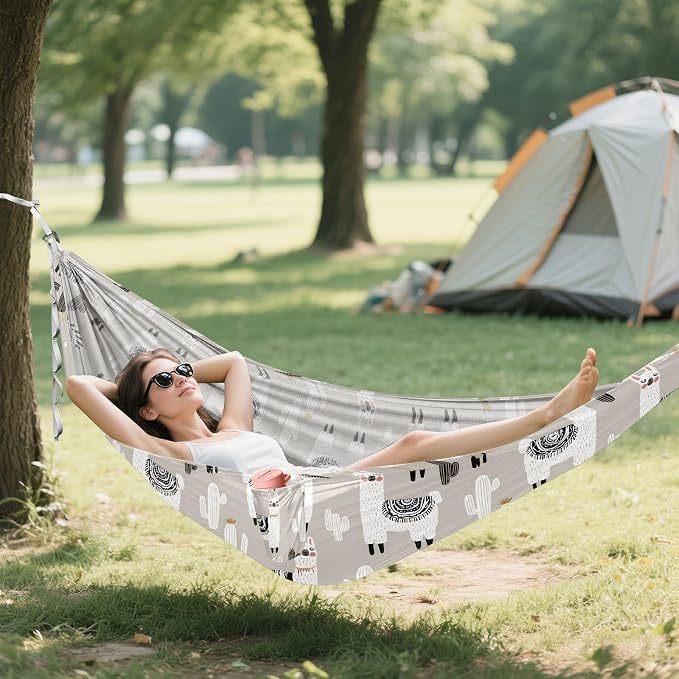 Camping Hammock Outdoor Hammocks for Outside White Llama Beach Trees Portable Lightweight with Pockets Tree Straps Indoor