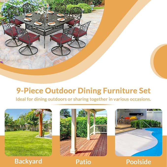 9 Piece Outdoor Patio Dining Set for 8, Cast Aluminium Large Square Dining Table & 8 Swivel Rocker Chairs with Removable Cushions, Umbrella Hole, Patio Furniture Set for Garden, Chili Red
