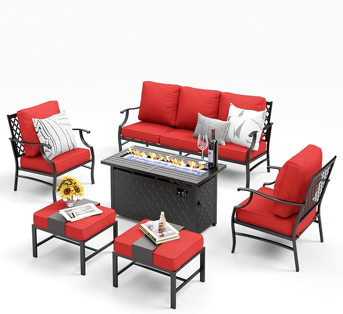 MIXPATIO Patio Furniture Set, 6 Pcs Metal Outdoor Conversation Set, 2 Single Chairs, 2 Ottomans and 3 Seater Sofa with 5.75" Extra Thick Cushion and Gas Fire Pit Table, Red