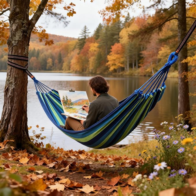 Outdoor Amaca Camping Hammocks for Yard Backyard Travel para Patios Garden | Hammock Cotton Canvas fabric Portable Amacas Carrying Bag for stand Porch outside 300 Lbs Maximum Weight Capacity