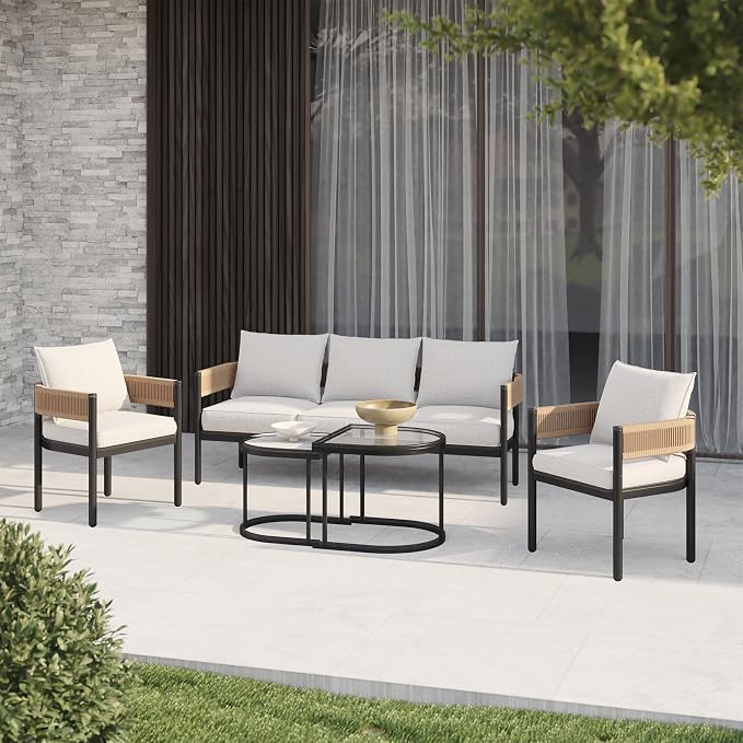 Gand Patio Outdoor 3-Seat Couch Sofa, Wicker Conversation Set with Thick Cushion for Porch, Garden, Yard, Natural