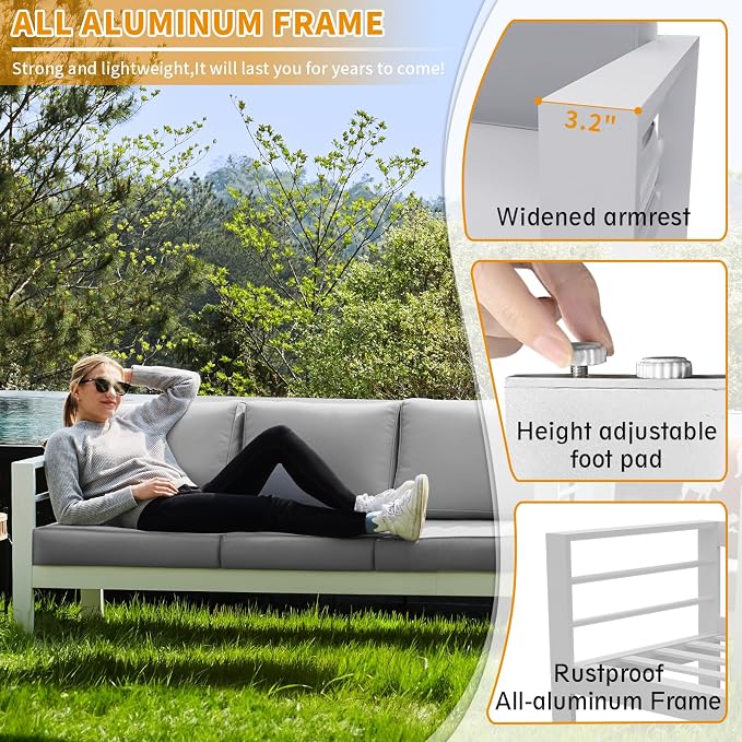 Aluminum Patio Furniture Set, 3-Seat Outdoor Furniture Set with 5 Inch Cushions, Patio Sets with Waterproof Covers for Backyard Garden(White)