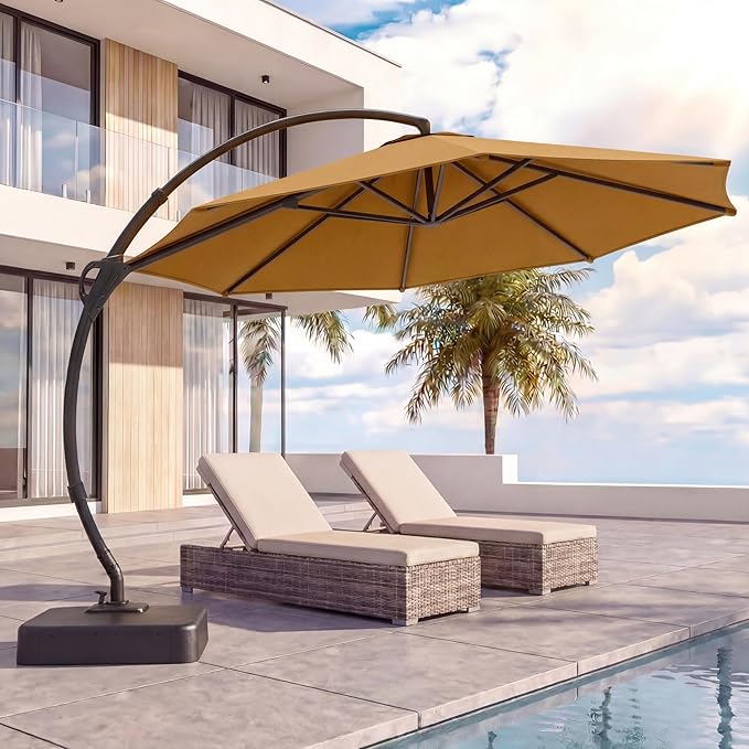 LAUSAINT HOME 12ft Patio Cantilever Umbrella with Base Included, Outdoor Curvy Round Offset Umbrella, Heavy Duty Aluminum, 360° Rotation for Pool, Deck, Lawn, Backyard (Tan)