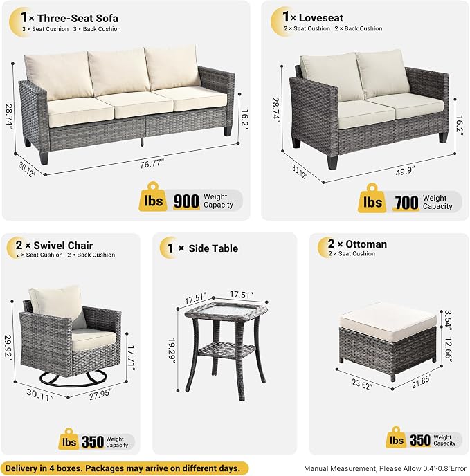ovios 7 Pieces Patio Furniture Set, Outdoor Wicker Sofa Couch with Swivel Chairs, Rocking Glider Rocker with Comfy Cushions All Weather Rattan Conversation Set, Beige