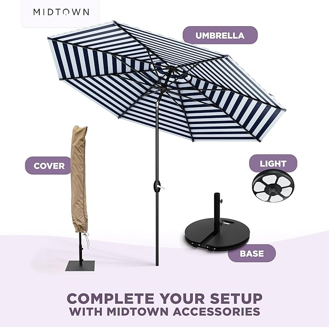 Midtown Umbrellas - 10-Year-No-Fade 10 Ft Patio Umbrella with Terylast Fabric, Auto-Tilt Aluminum Frame and 8 Reinforced Ribs for Deck, Pool, Garden & Beach - Navy Stripes Canopy, Black Pole