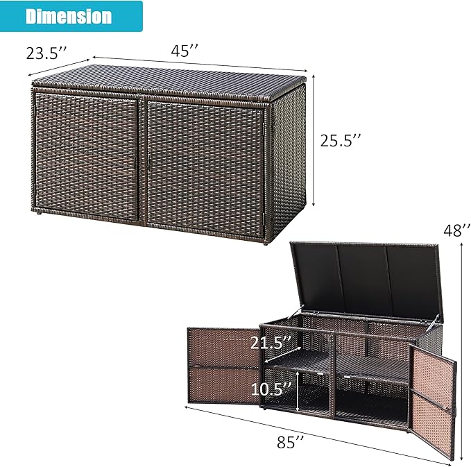 DORTALA 88 Gallon Deck Box Organizer, Wicker Large Indoor Outdoor Storage Container Cabinet for Patio Furniture Cushions Garden Tools, Brown