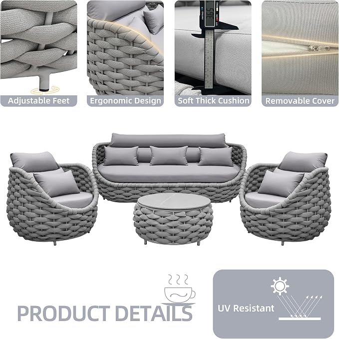 TWT Outdoor Patio Furniture Set-5 Pieces Aluminum Sectional Sofa, Metal Patio Conversation Set with Threeseat & Armchair, Textile Rope and Coffee Table, Light Grey
