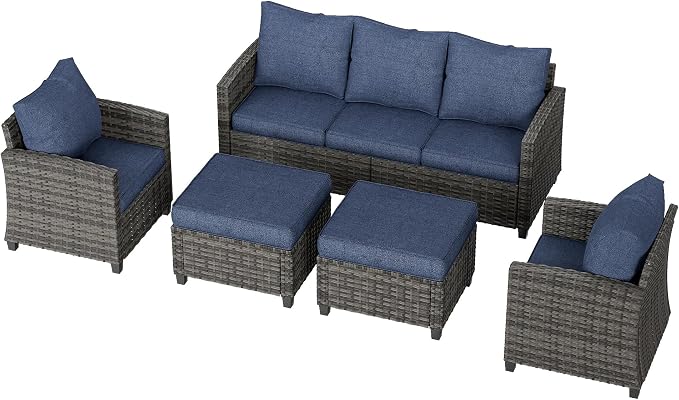 UDPATIO Patio Furniture Set, 5 Pieces Outdoor Sectional Sofa Set, All-Weather Wicker Rattan High Back Outdoor Conversation Set with Ottoman for Poolside, Backyard, Grey Wicker Navy Blue Cushion
