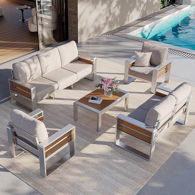 Aoxun Aluminum Patio Furniture Set, 7 Seats Luxury Metal Patio Conversation Sets with Coffee Table, Thick Cushions and Waterproof Cover, Sectional Outdoor Furniture Set for Backyard/Poolside, Beige