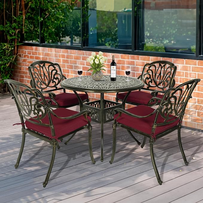 MEETWARM 5 Piece Outdoor Furniture Patio Dining Set, All-Weather Cast Aluminum Patio Table and Chairs Set- 4 Cushioned Chairs, 1 Round Dining Table with Umbrella Hole for Backyard, Chili Red