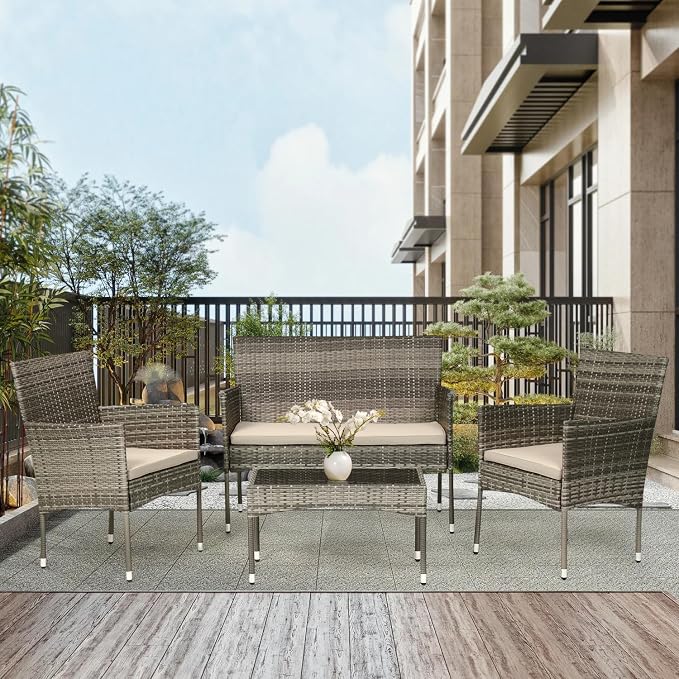 PayLessHere Outdoor Furniture Set 4 Pcs Modular Patio Furniture Set Water Resistant Conversation Set with 3 Rattan Chairs 1 Tempered Glass Topped Table for Patio Poolside, Gray Wicker/Khaki Cushions