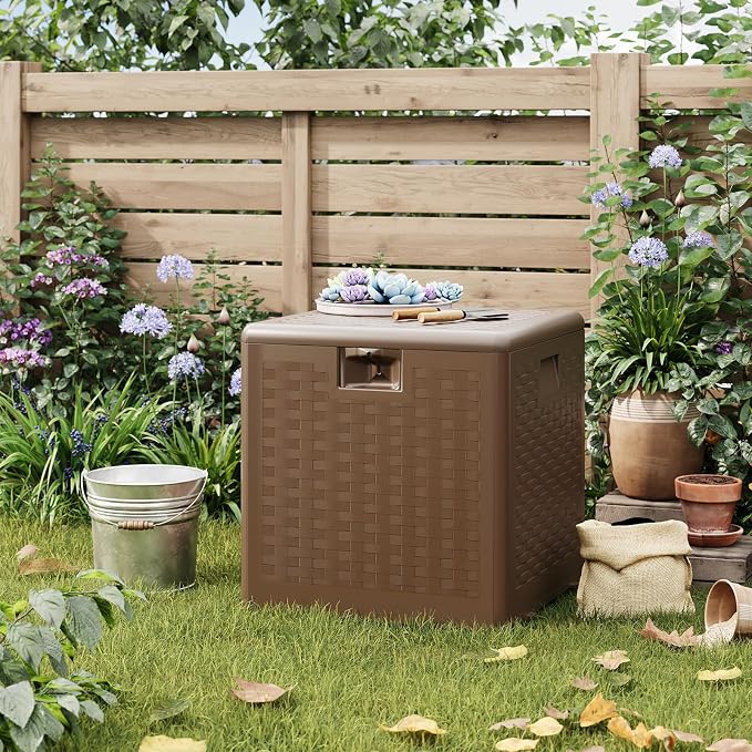 28 Gallon Outdoor Storage Box, Large Resin Deck Box with Lockable Lid & UV Resistant, All-Weather Deck Box for Patio Furniture, Pool Accessories, Gardening Tools, Brown