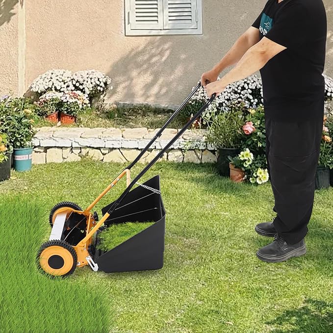 14" Lawnmower, 5 Blade Wheeled Lawn Mower with 0.47-1.65 in Adjustable Mowing Height Hand Push Lawn Mowers with Grass Catcher for Leaves and Grass