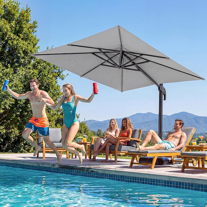 LAUSAINT HOME 10FT Square Cantilever Patio Umbrella, 360° Rotation Offset Umbrella with Aluminum Frame, Large Outdoor Sun Shade for Backyard, Pool, Deck, Lawn(Square, Grey)