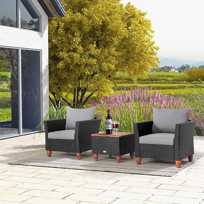 ORALNER 3 Pieces Patio Furniture Set, Outdoor Wicker Conversation Chairs with Cushion, Acacia Coffee Table, Rattan Bistro Set for Balcony Garden Backyard Front Porch Poolside (Grey)