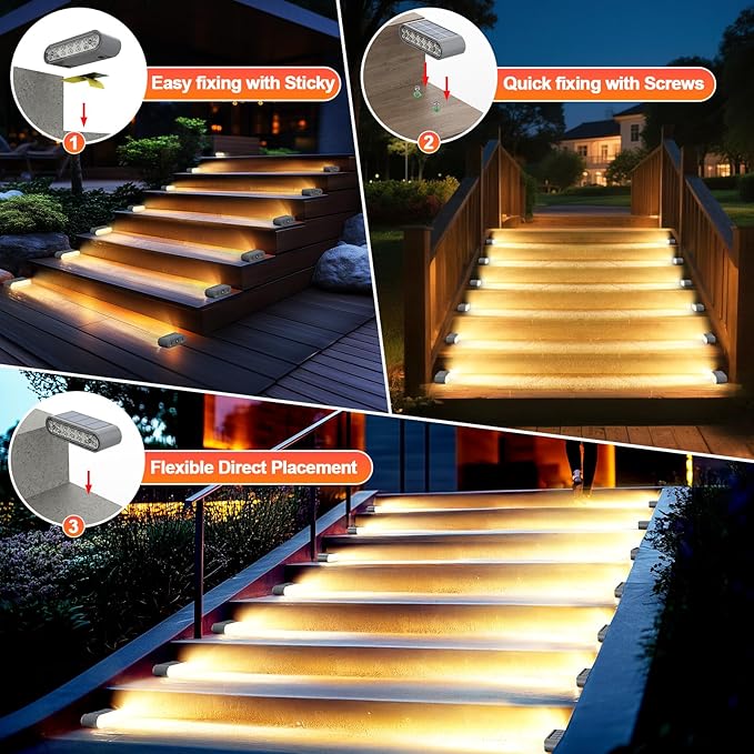 Solar Step Lights for Outside, 6-Pack Stair Light Outdoor Waterproof IP67, 14 LED Warm White Light Solar Powered Lighting for Steps, Stairs, Deck,Patio, Walkway, Front Porch Decor