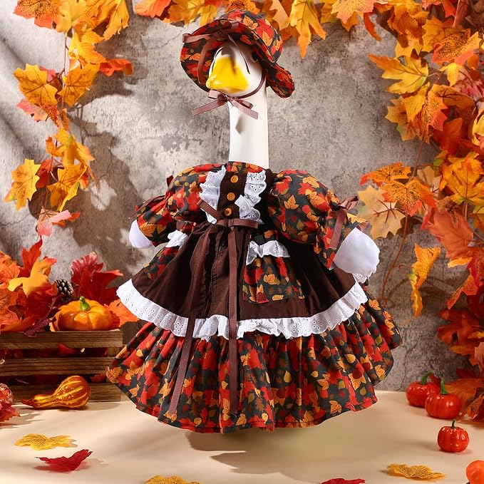 FuWeave Fall Porch Goose Outfit Maple Goose Costume Fancy Porch Geese Clothes with Wide Hat for 23" 17" Outdoor Patio