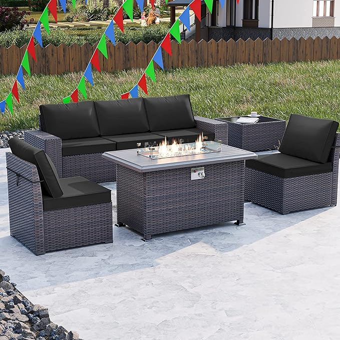 Kullavik 7 Pieces Outdoor Patio Furniture Set with 43" 55000BTU Gas Propane Fire Pit Table PE Wicker Rattan Sectional Sofa Patio Conversation Sets, Black