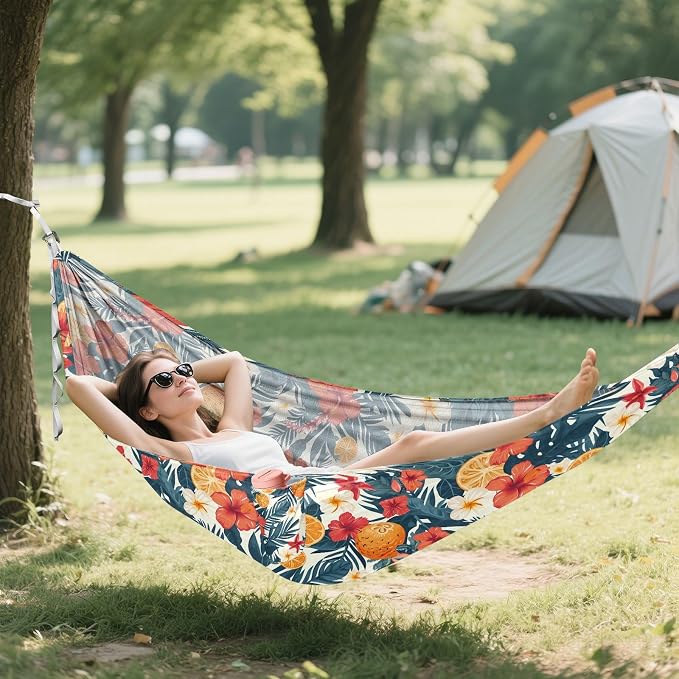 Camping Hammock Outdoor Hammocks for Outside Orange Hibiscus Flower Beach Trees Portable Lightweight with Pockets Tree Straps Indoor