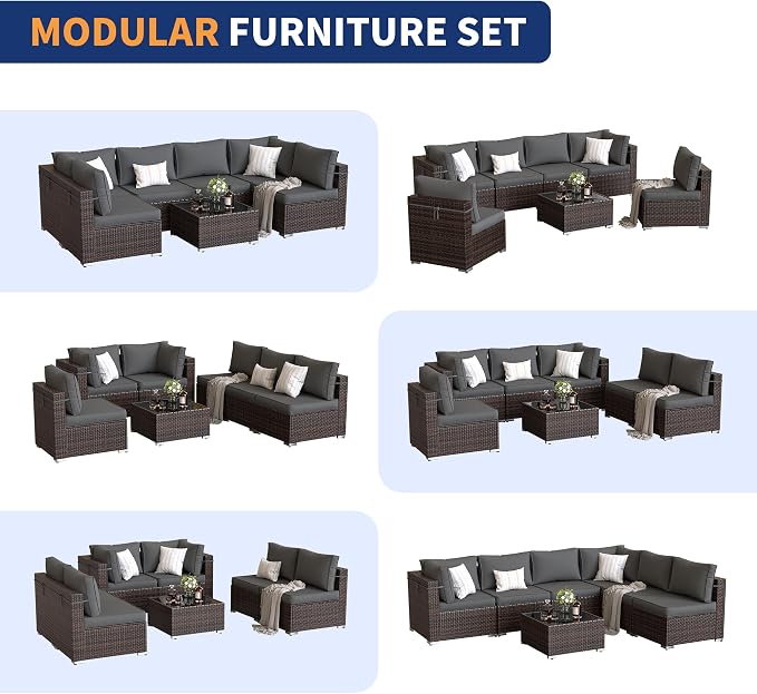Patio Furniture Set, Modular 7-Piece Patio Conversation Sets with Coffee Table, All-Weather Wicker Outdoor Sectional for Backyard and Balcony, Grey (Waterproof Covers Included)