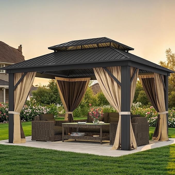 DWVO 12x14ft Gazebo Double Roof Hardtop with Nettings and Curtains, Heavy Duty Galvanized Steel Outdoor Vertical Stripes Roof for Patio, Backyard, Deck, Lawns, Brown