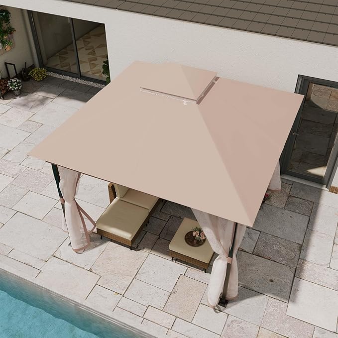 LAUSAINT HOME Patio Gazebo 10'x10', Outdoor Heavy Duty Party Tent Shelter with Double Roofs, Mosquito Nettings for Backyard, Garden, Lawn, Khaki