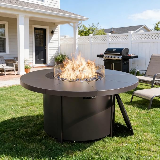 Gotland 5 Piece Patio Set, Aluminum Outdoor Swivel Chairs Set with 48’’ Round Fire Pit 5.1’’ High-Resilience Seat Cushions 29.5" Deep Seating, Metal Patio Furniture Set Patio Conversation Sets, Grey