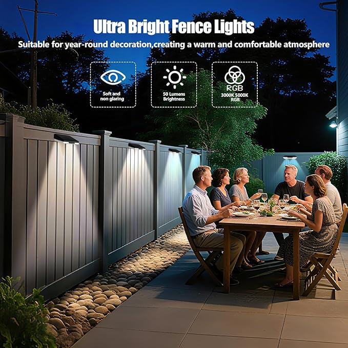 Solar Fence Lights Outdoor,6 Pack IP65 Waterproof Fence Lights Solar Powered with Ultra-Bright LED Lens,12+ Hours Steady Glow 9 Color Modes for Outside Patio Step Backyard Railing